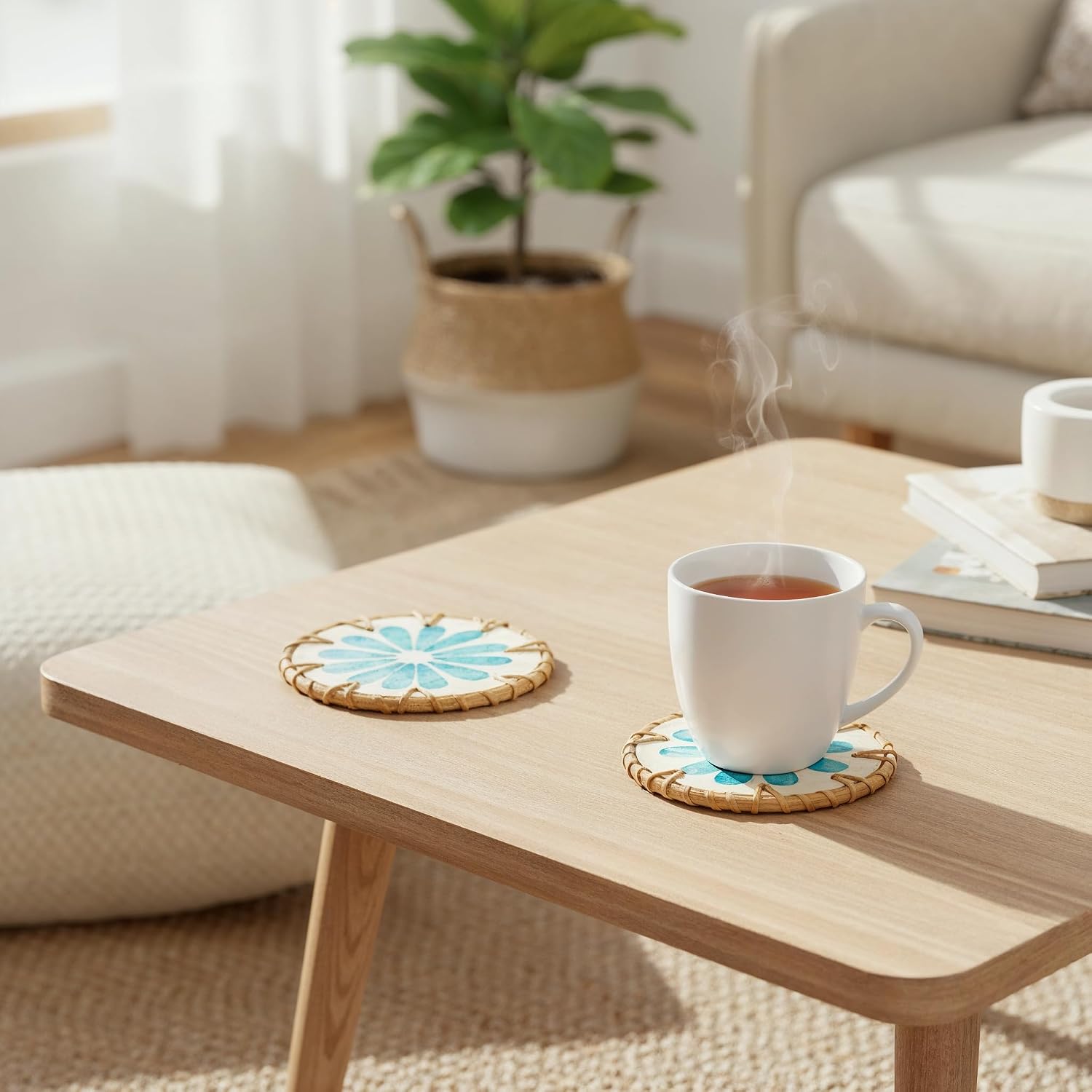 Jungle Culture Mother of Pearl Rattan Coasters with Holder (Set of 6)