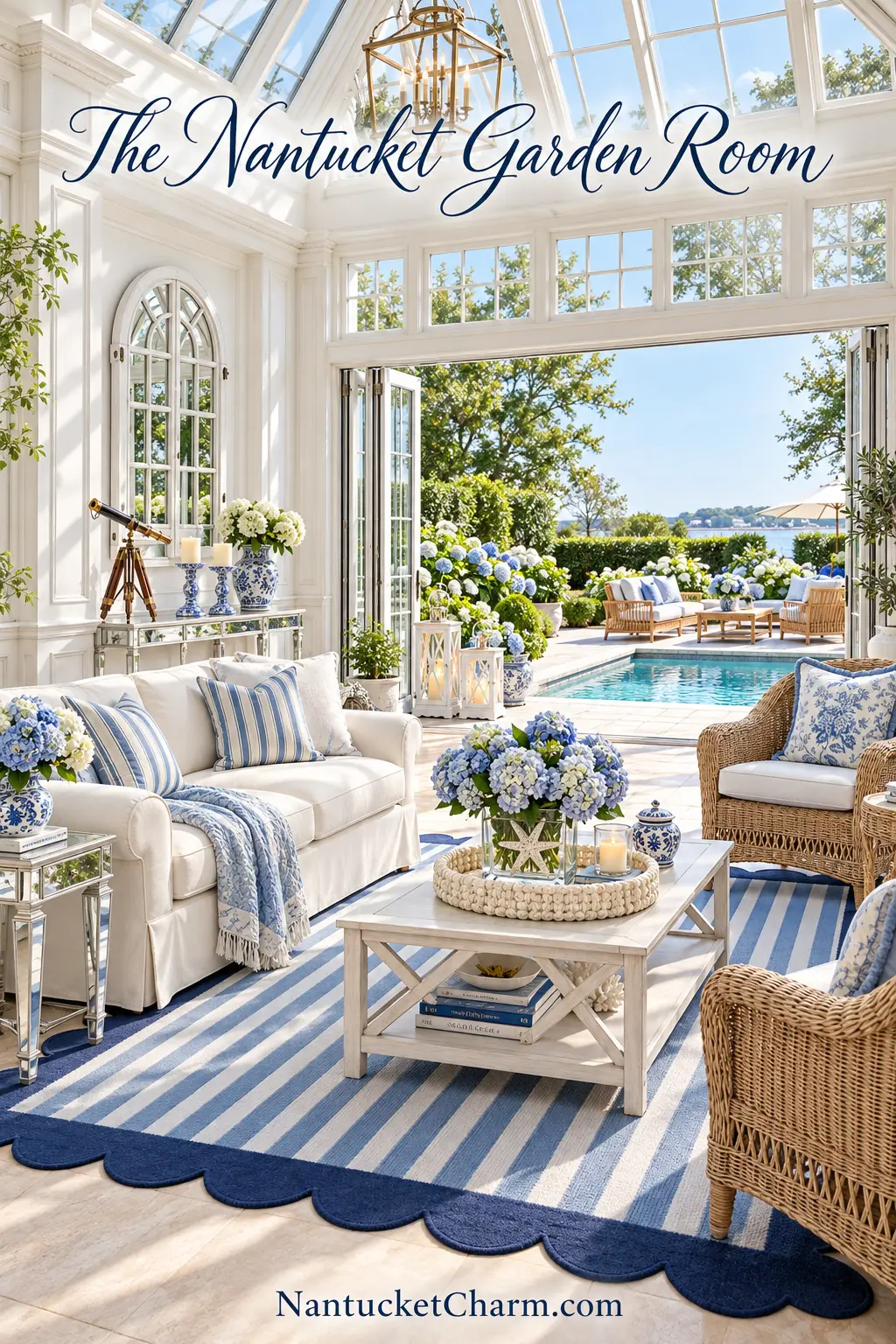 The Nantucket Garden Room with ivory slipcover sofa, wicker armchairs, whitewashed coffee table with crochet tray and blue hydrangeas, blue stripe scalloped rug, mirrored console with brass telescope and blue and white candlesticks, arched window mirror and open doors to a pool and hydrangea garden.