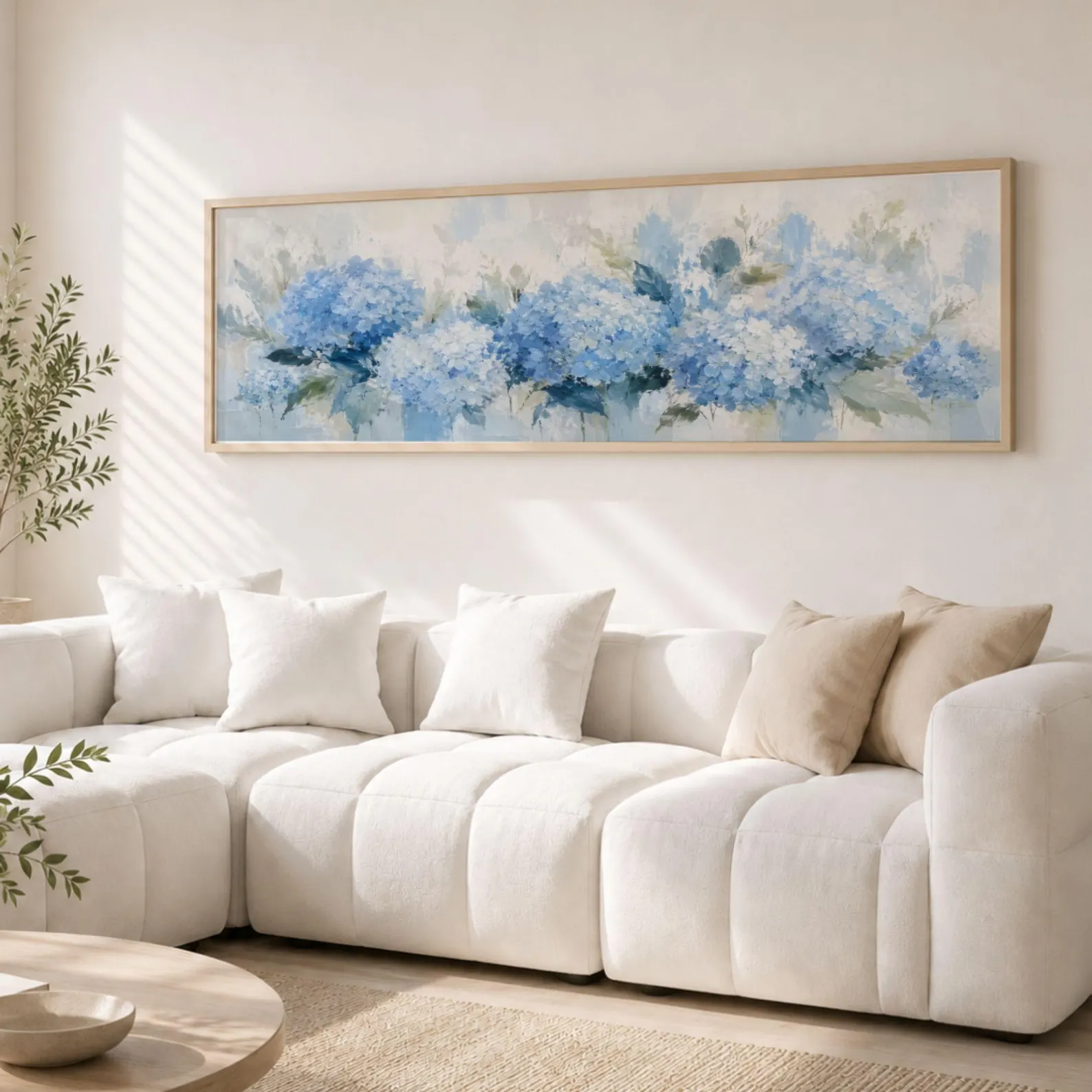 Blue Hydrangea Panoramic Botanical Canvas — Coastal Living Room Art