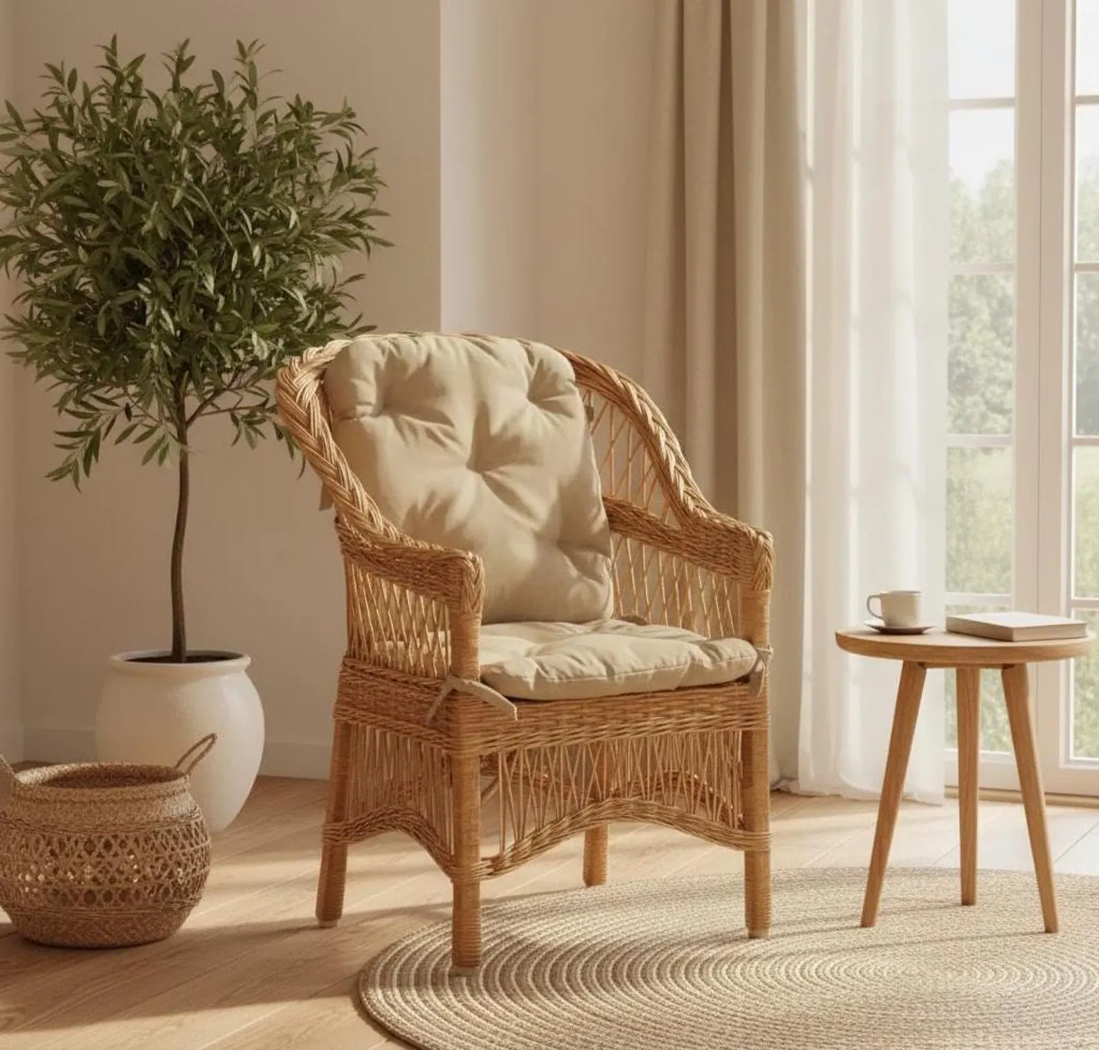 Handmade Wicker Armchair with Cushion — Natural Willow Lounge Chair