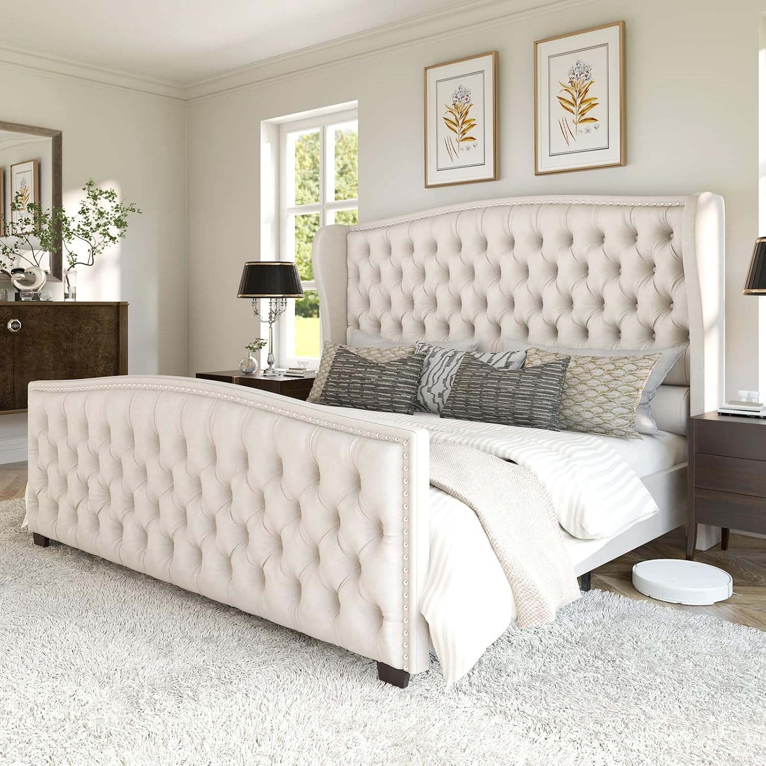 AMERLIFE Cream Velvet Tufted Wingback Bed Frame (Queen)
