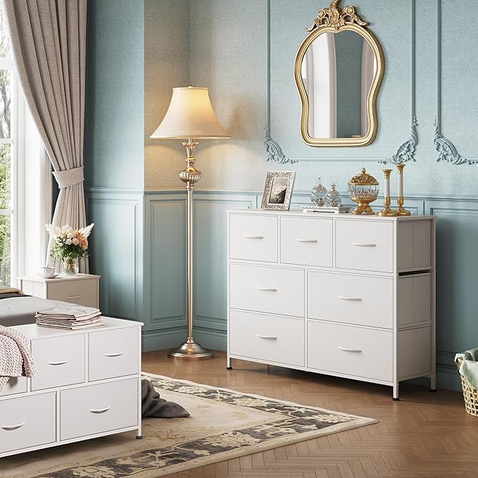 White 7-Drawer Fabric Dresser with Wood Top