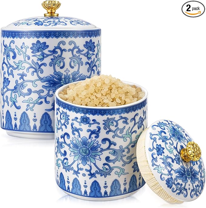 Chinoiserie Blue & White Ceramic Canisters (Set of 2)