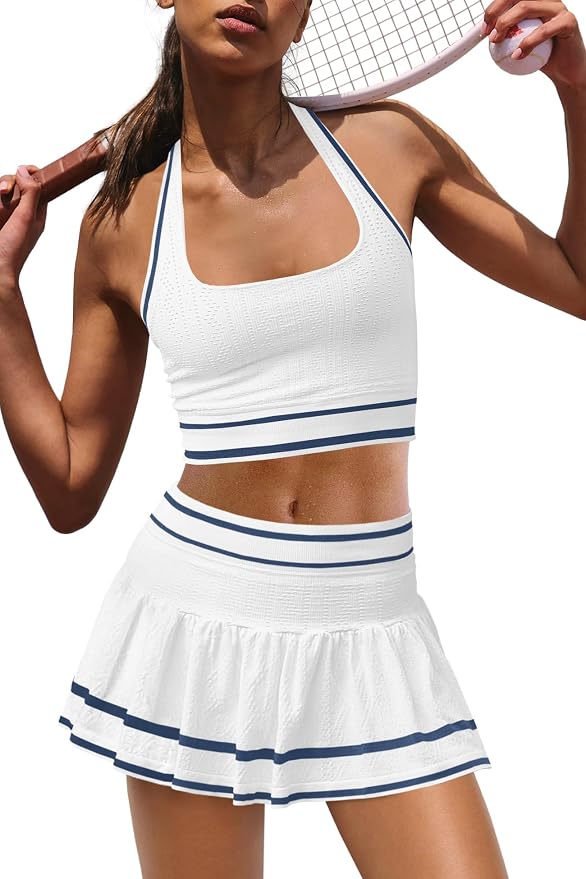 White & Navy Stripe Halter Tennis Crop & Pleated Skort Set