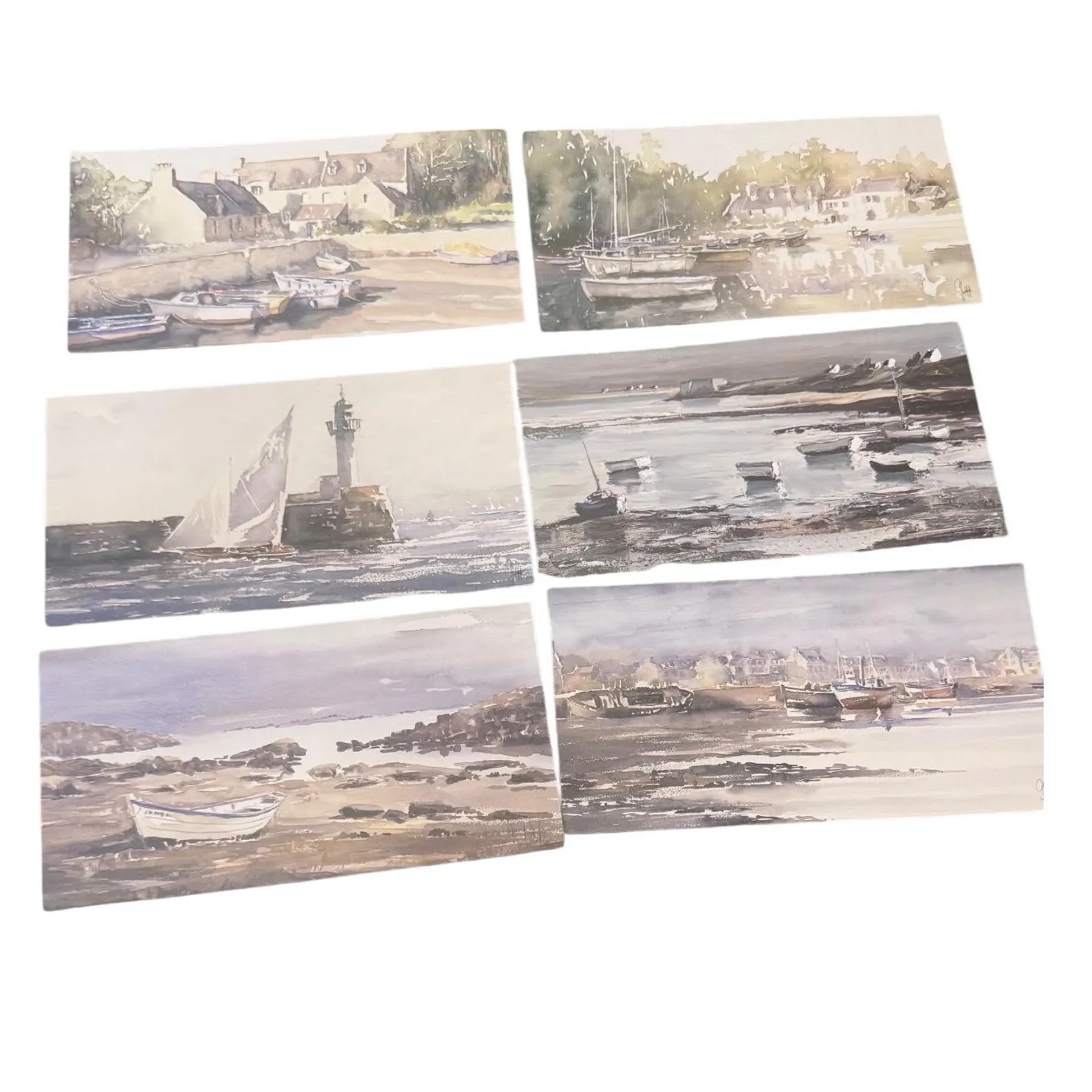 Vintage Nautical Watercolor Coastal Postcards — Set of 6 Harbor Scenes