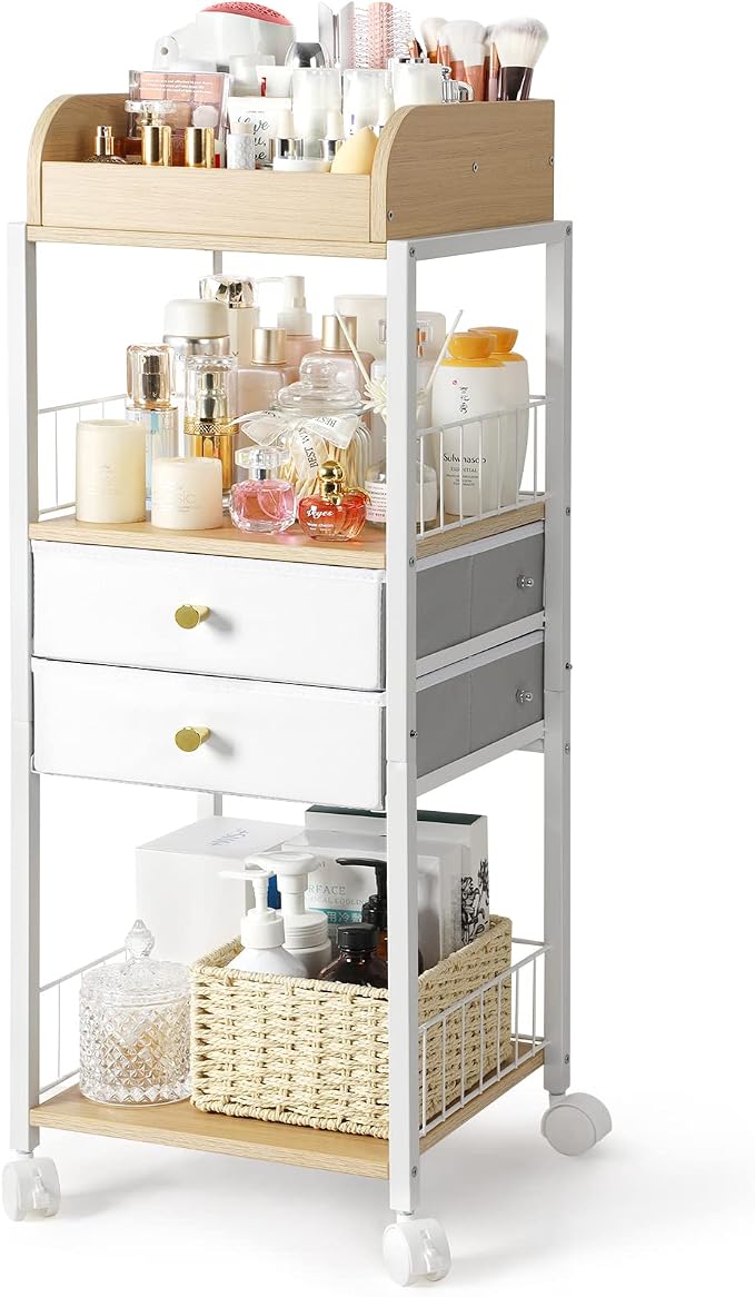White & Natural Wood Rolling Vanity Cart with Drawers