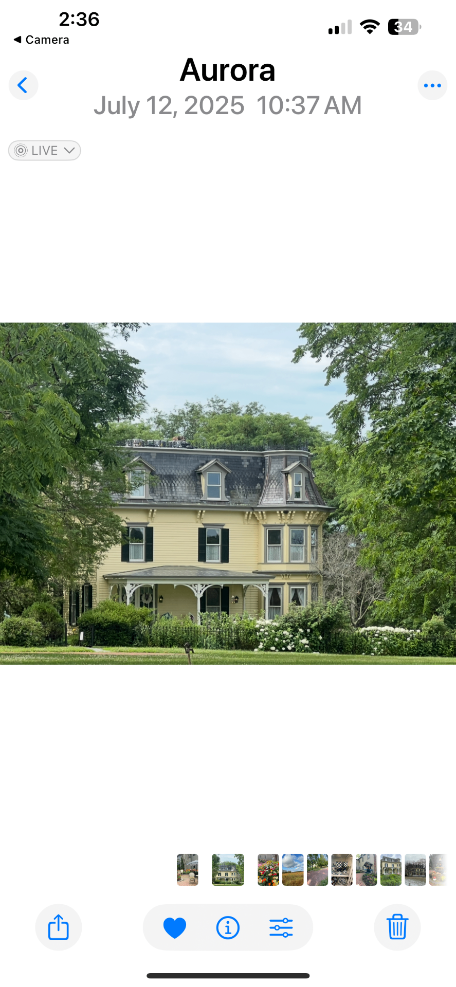 The buttercup-yellow MacKenzie-Childs Farmhouse in summer, framed by trees