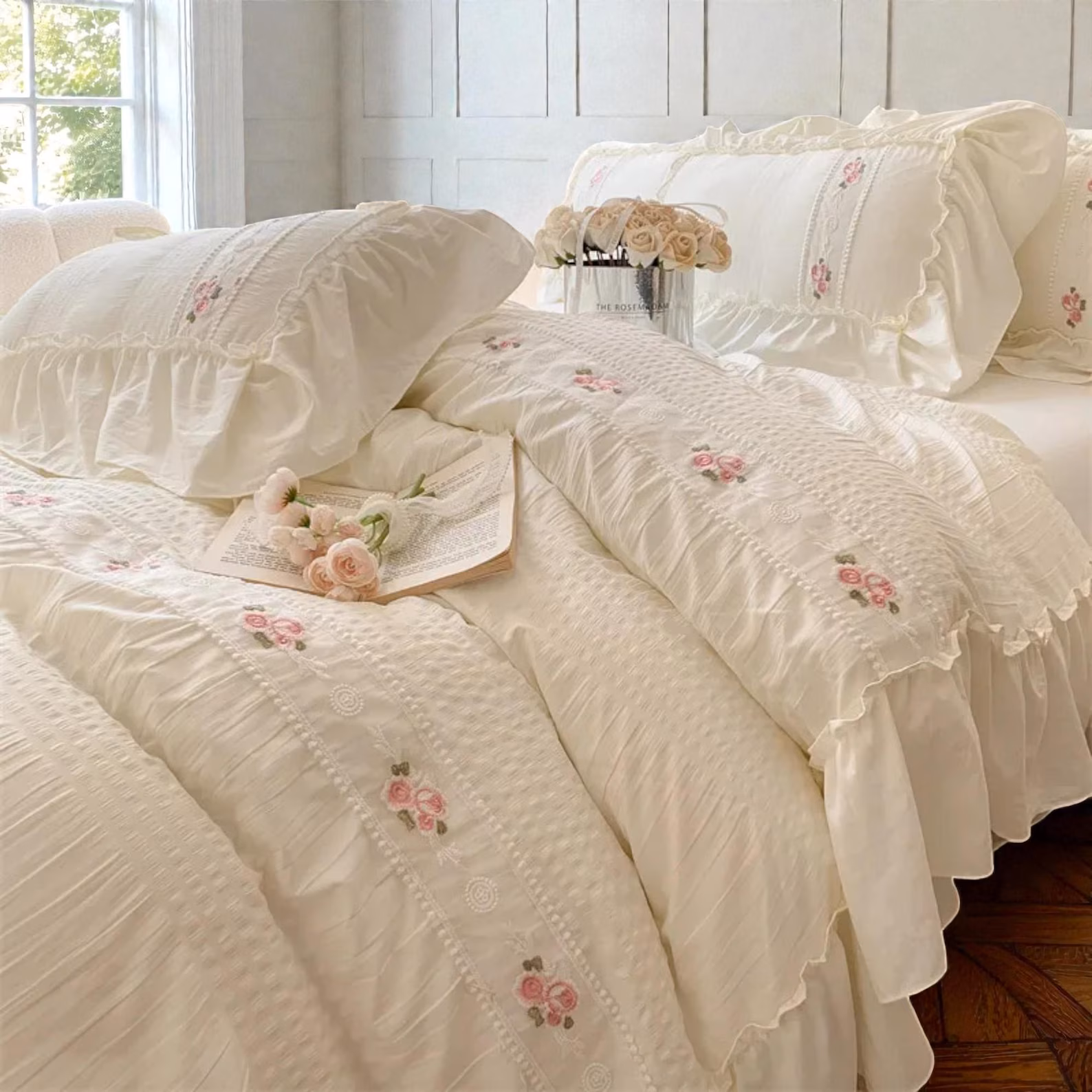 Floral Embroidered Lace-Trim Ruffled White Duvet Cover Set