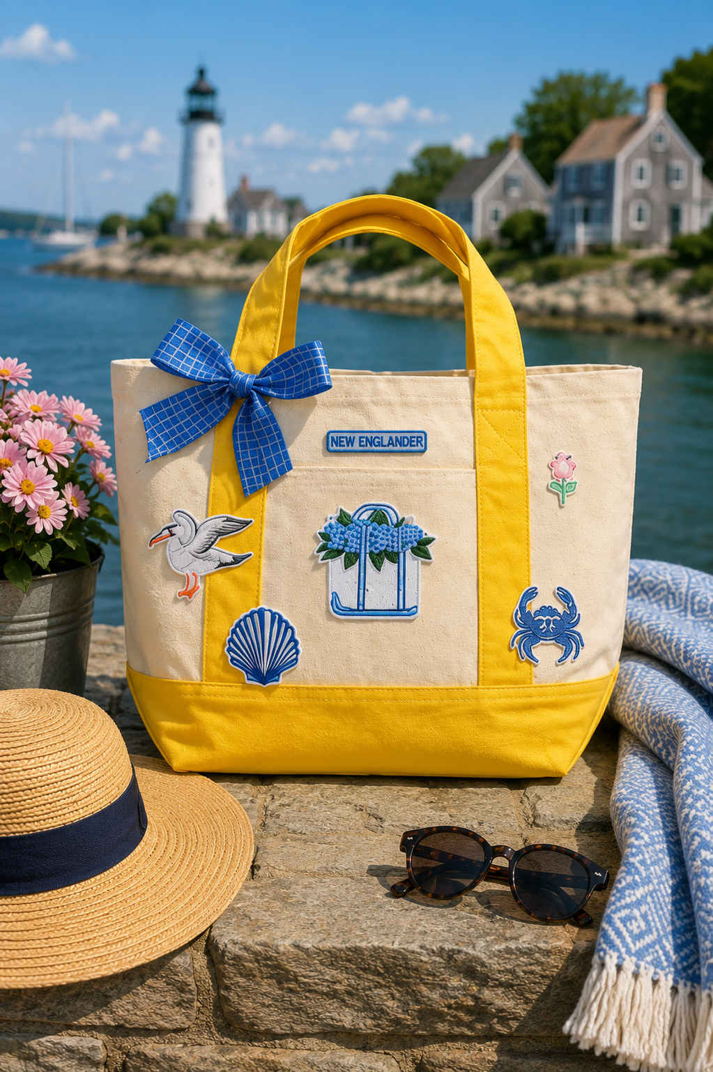 Yellow New Englander tote with hydrangea basket and seagull patches