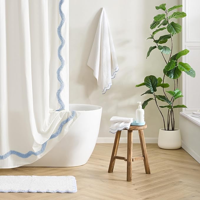White Cotton Shower Curtain with Blue Scallop Wave Trim