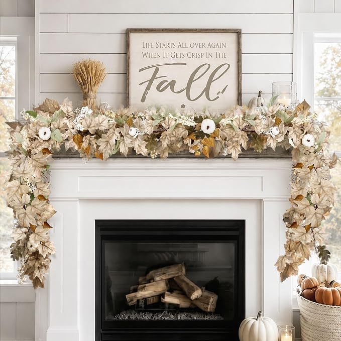 6 ft Autumn Maple Leaf, Pumpkin & Berry Mantel Garland — Cream & Sage