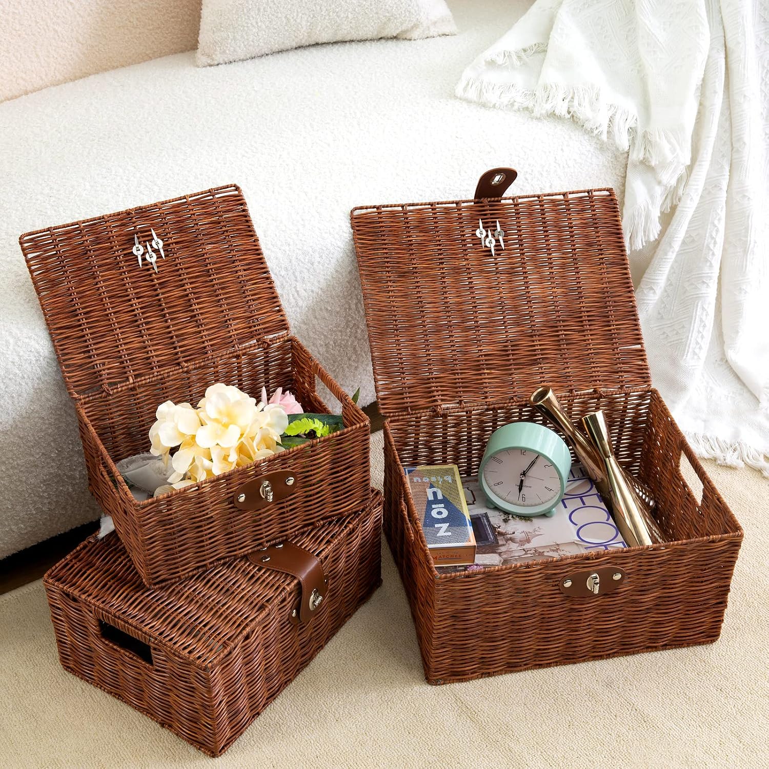 Homepeaz Woven Wicker Storage Boxes with Lids & Latch (Set of 3)