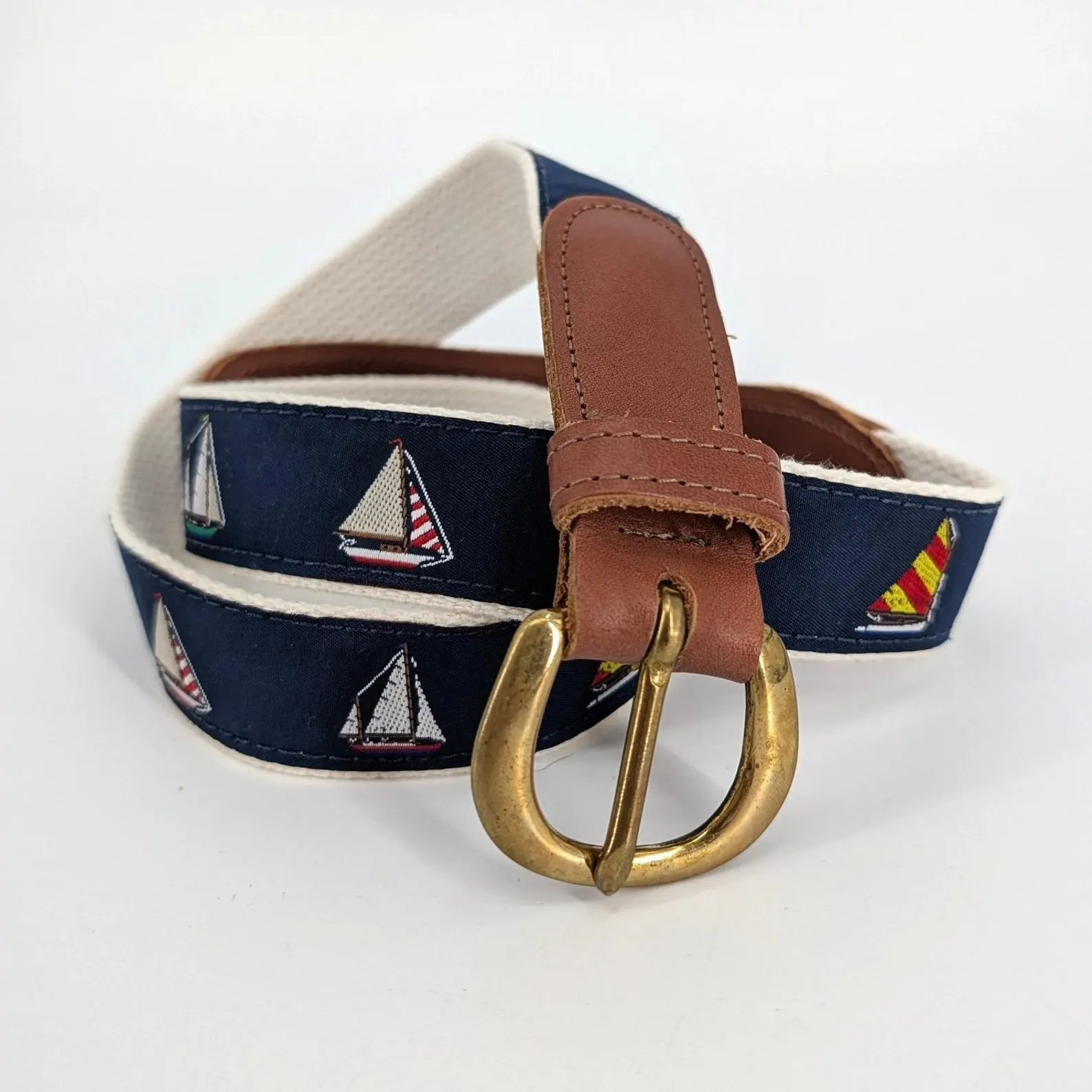 Sailboat Embroidered Navy Canvas & Leather Nantucket Belt