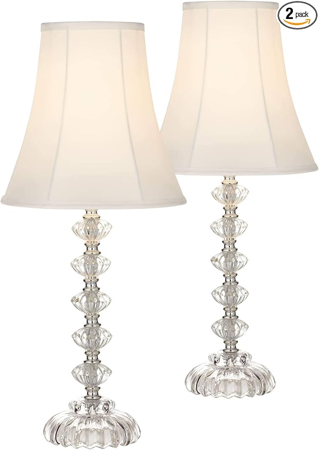 Stacked Crystal Candlestick Table Lamps with Ivory Bell Shades (Set of 2)