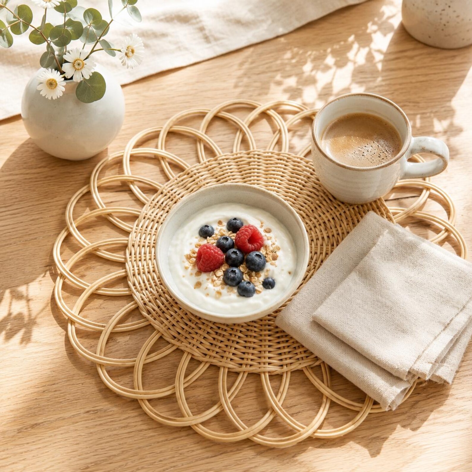Handwoven Round Rattan Placemat — Scalloped Boho Charger