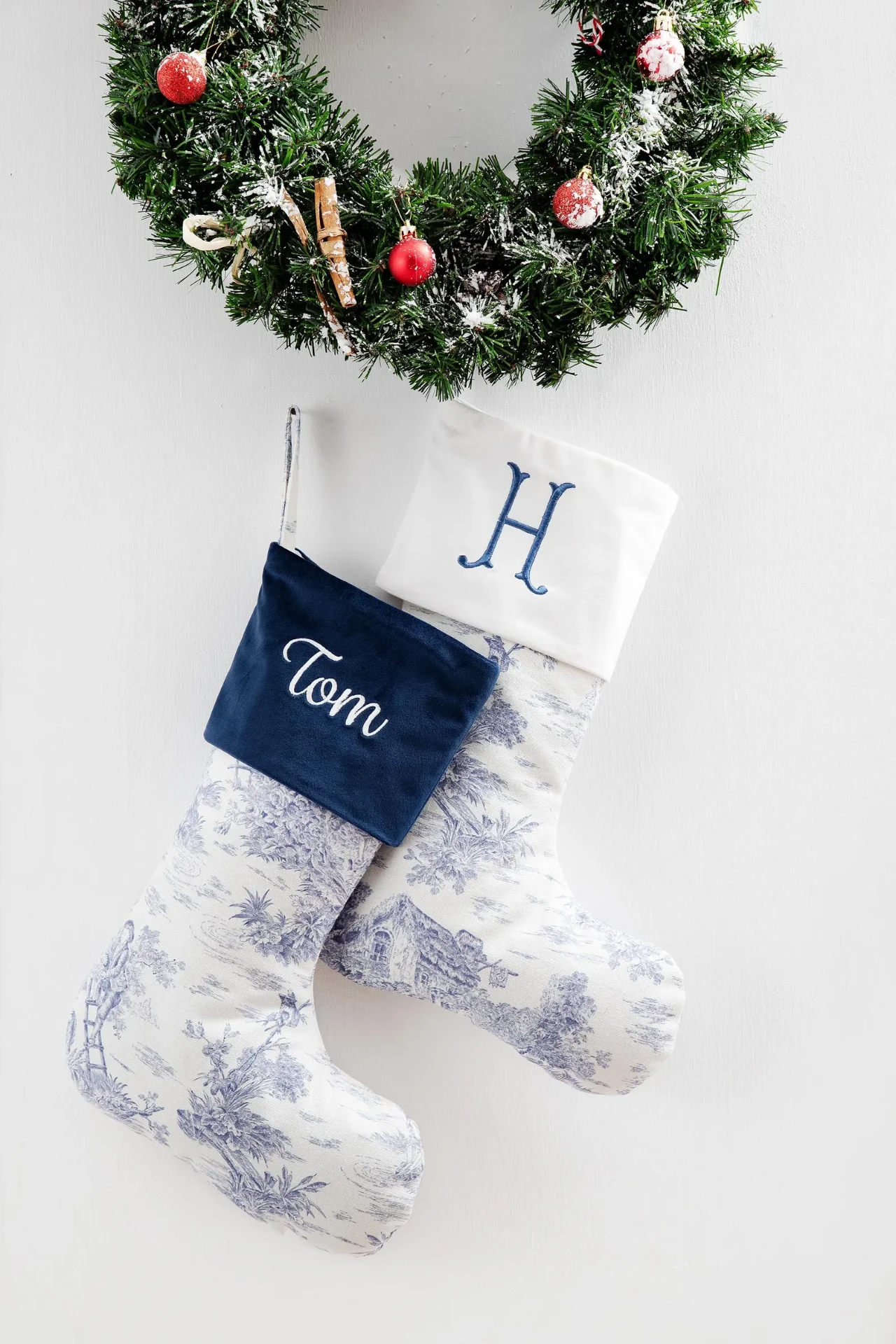 Blue & White Toile Christmas Stockings — Personalized French Toile