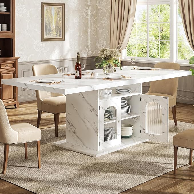 HSH 63" White Faux-Marble Dining Table with Storage Cabinet (Seats 4–6)
