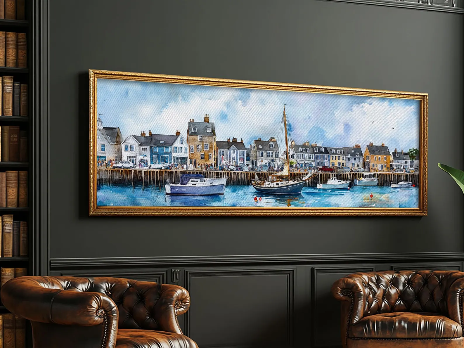 Nantucket Harbor Panoramic Watercolor Print — Gold Frame