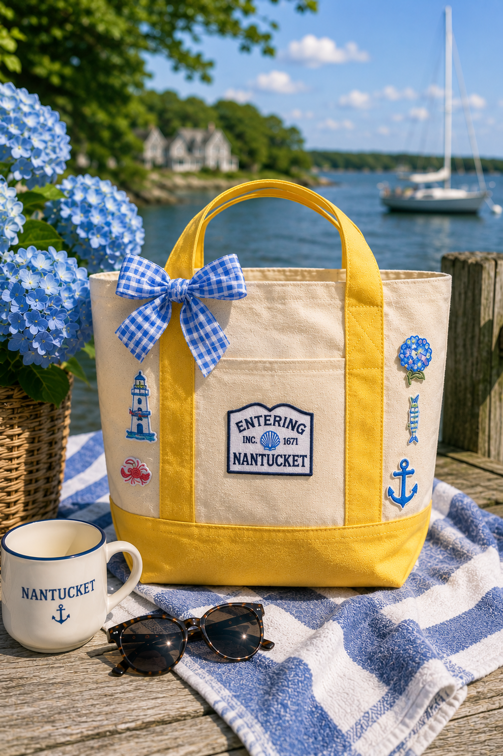 Yellow Entering Nantucket tote with gingham bow at the harbor