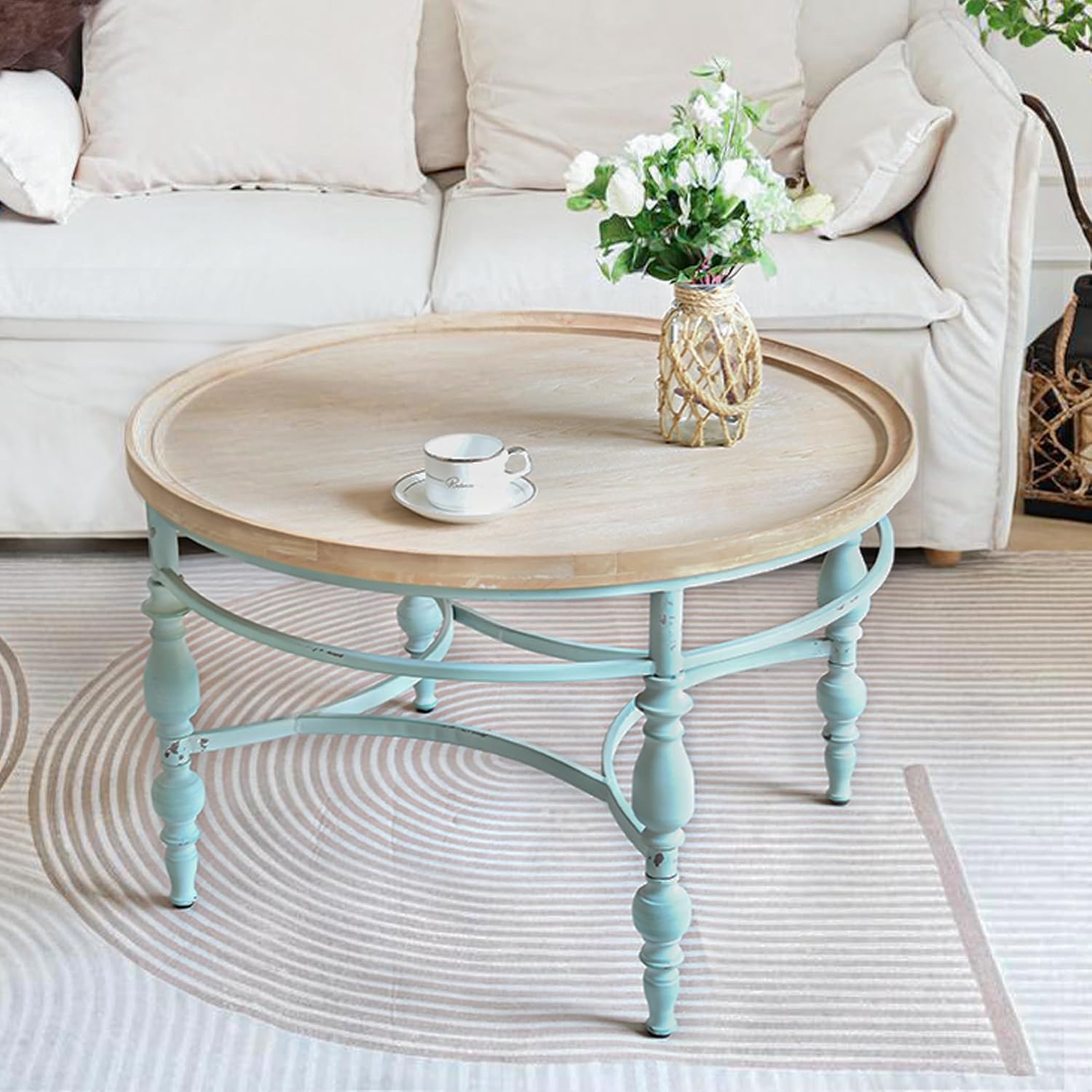 TIMBERMAVEN 31.5" Rustic Round Coffee Table with Vintage Iron Legs — Nature White