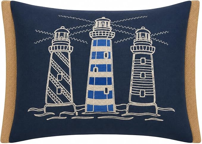 Comfy Hour Three Lighthouses Embroidered Nautical Pillow (18" x 13")