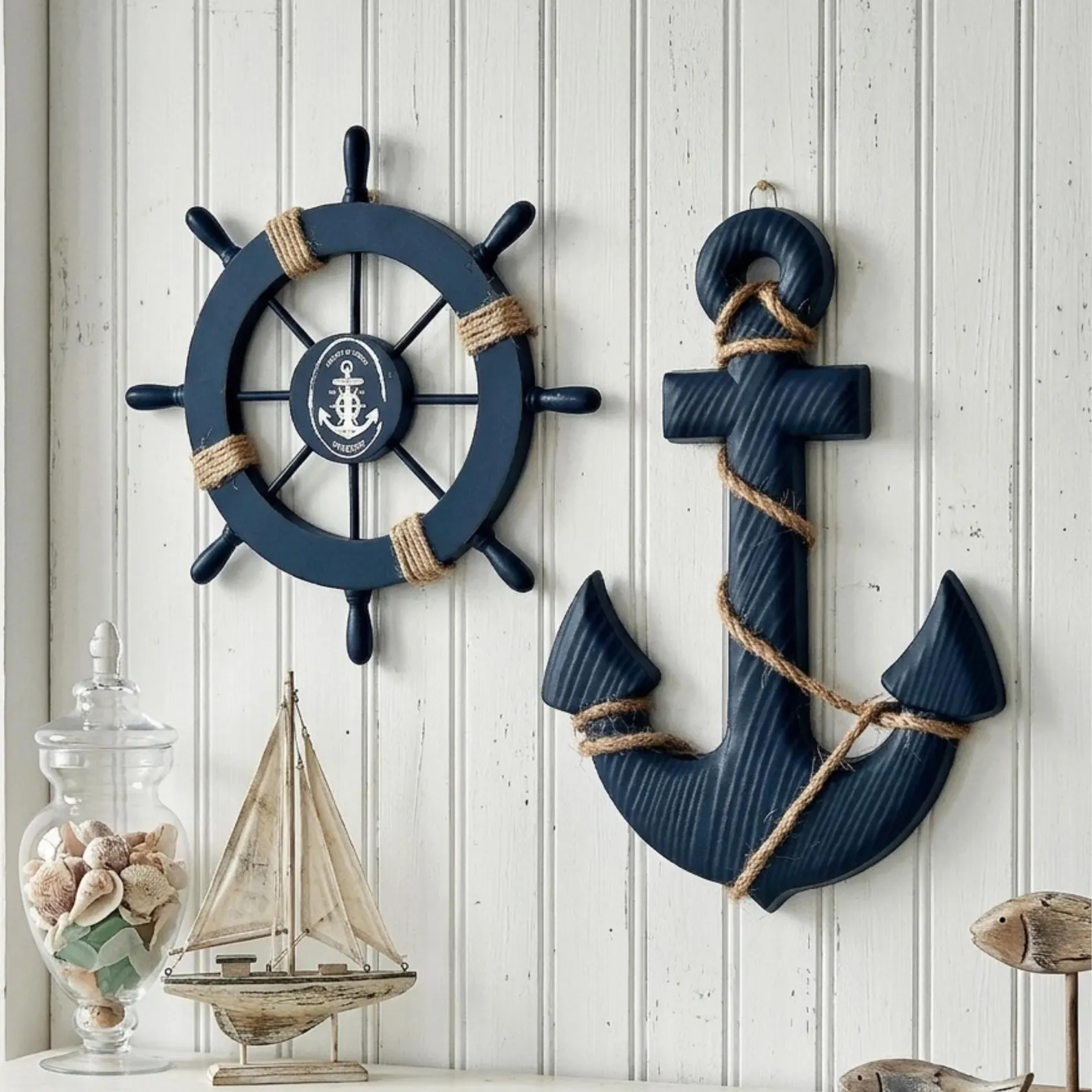 Navy Ship Wheel & Rope-Wrapped Anchor Wall Decor Set
