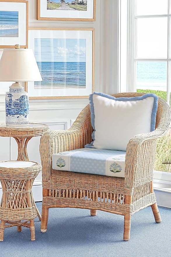 Natural Wicker Coastal Armchair with Blue Block-Print Cushion