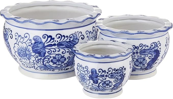 Blue & White Scalloped Ceramic Planters with Drainage (Set of 3)