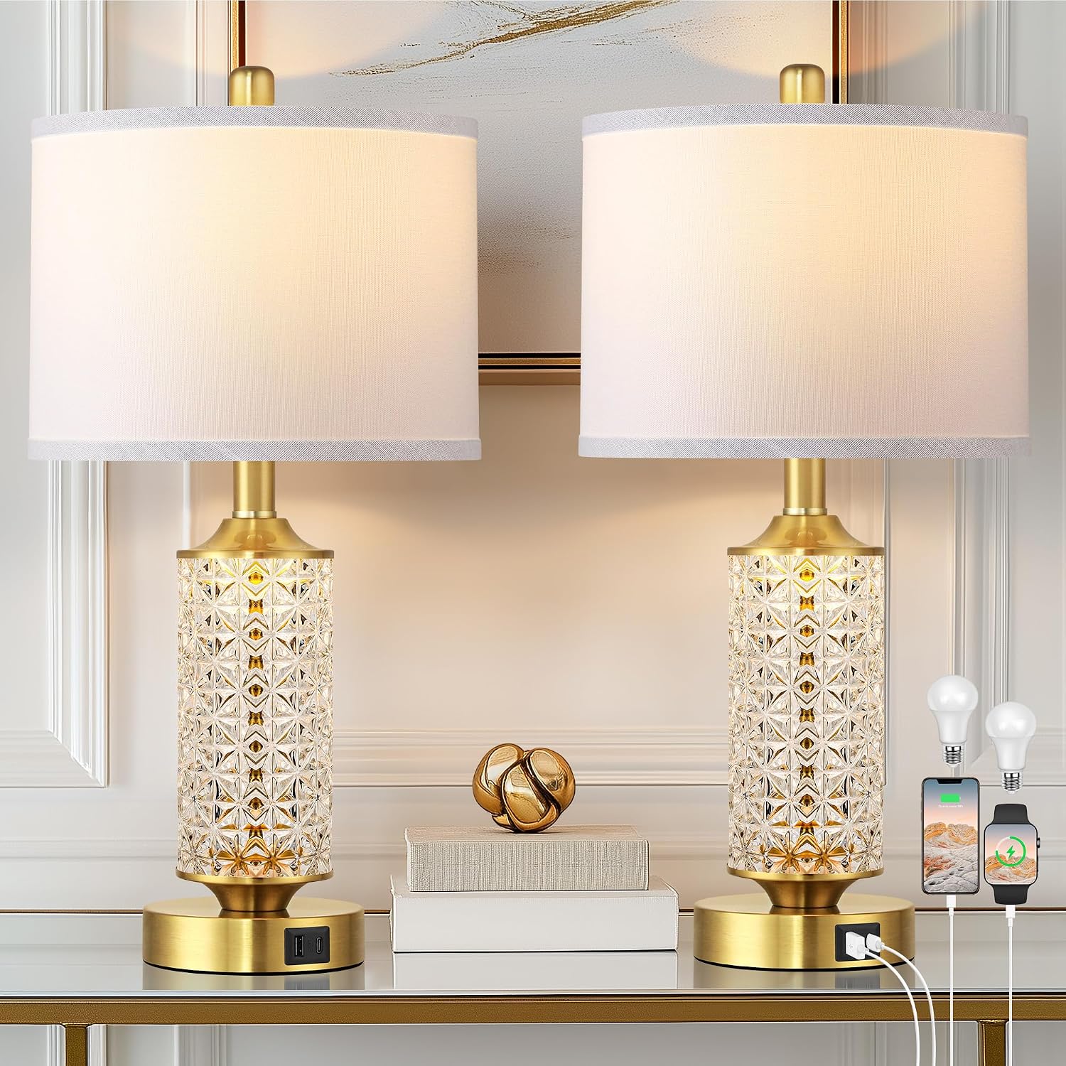 QiMH Gold Glass Table Lamps with USB Ports & Outlets (Set of 2)