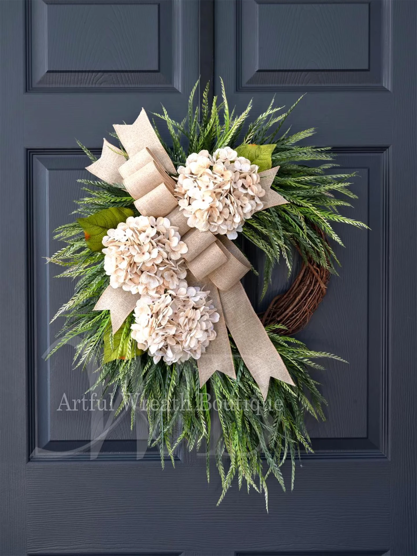 Year-Round Cream Hydrangea Grapevine Wreath with Linen Bow