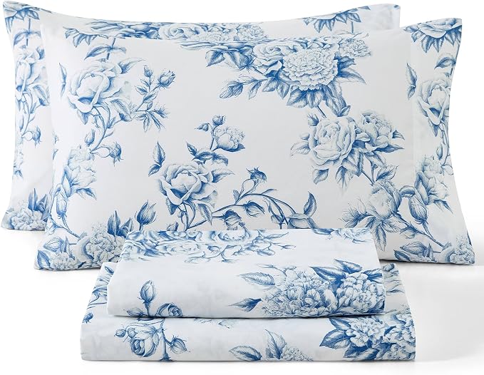 HLC.ME Blue Rose Toile 4-Piece Bed Sheet Set — Wrinkle-Resistant & Ultra Soft