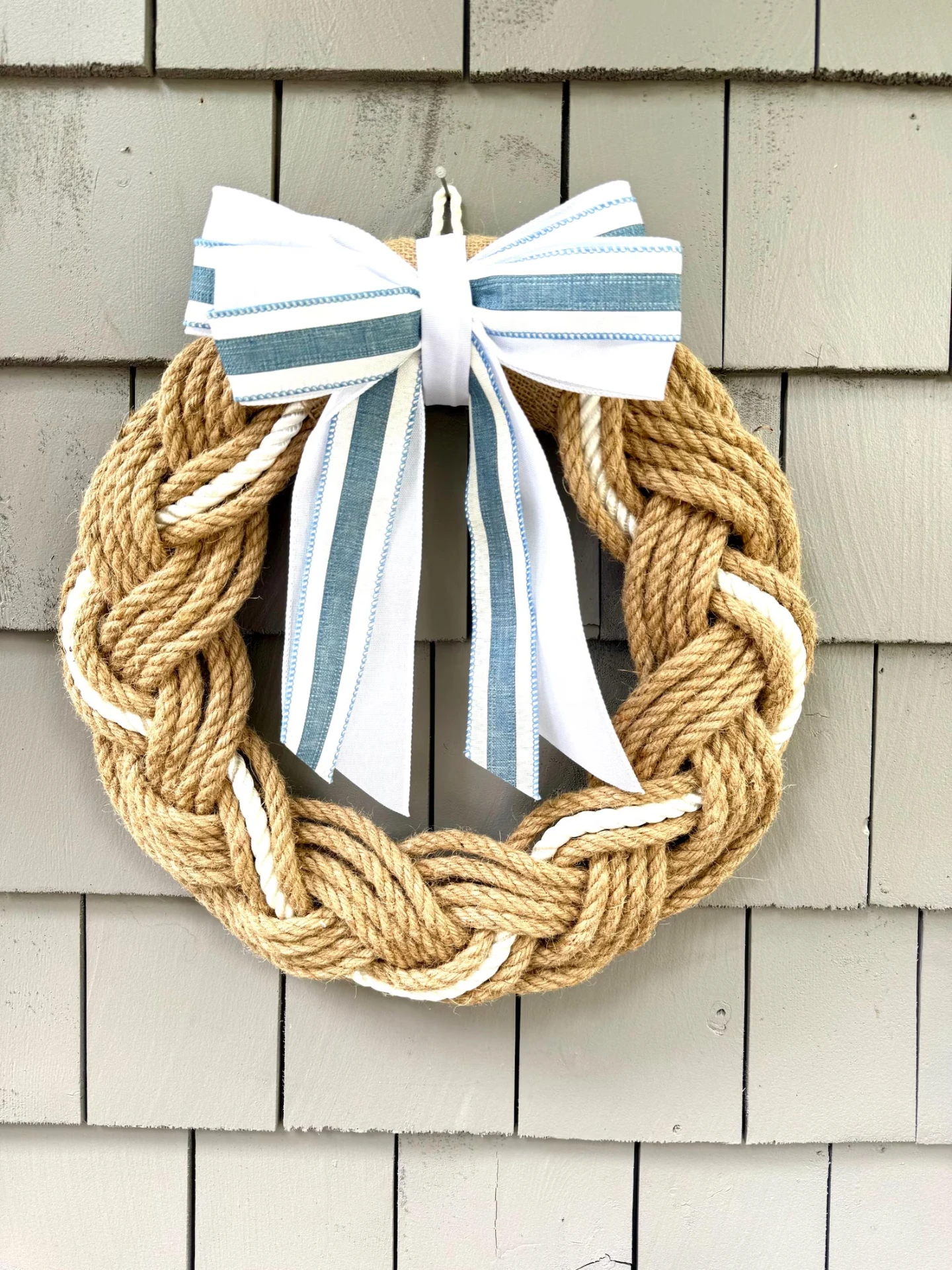 16" Nautical Boat Rope Wreath with Blue Stripe Bow — Front Door