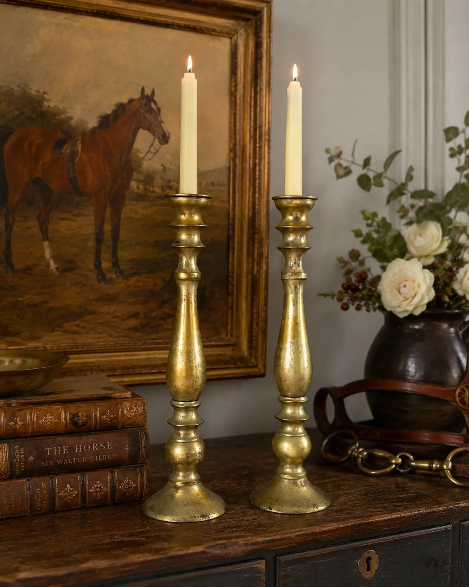 Vintage Bombay Brass Candlesticks — Tall Turned Pair