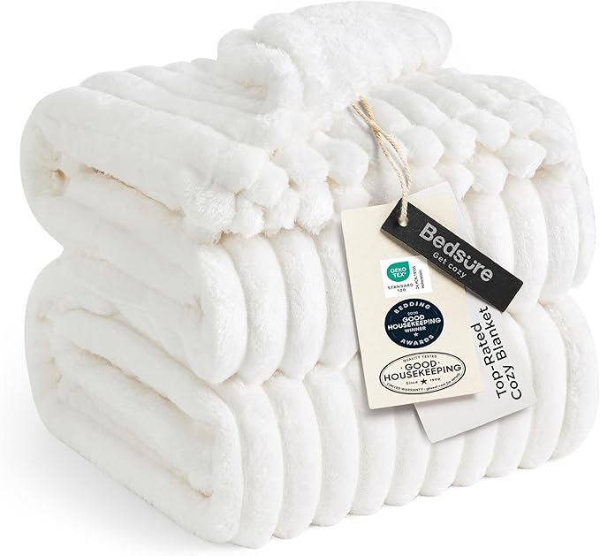 Bedsure Off-White Ribbed Fleece Queen Blanket 90" × 90"