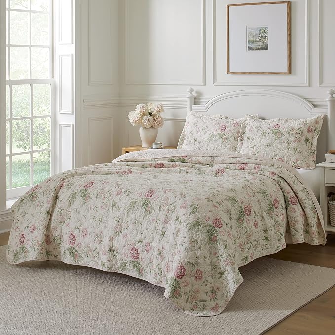 Laura Ashley Breezy Floral Pink & Green Reversible Queen Quilt Set