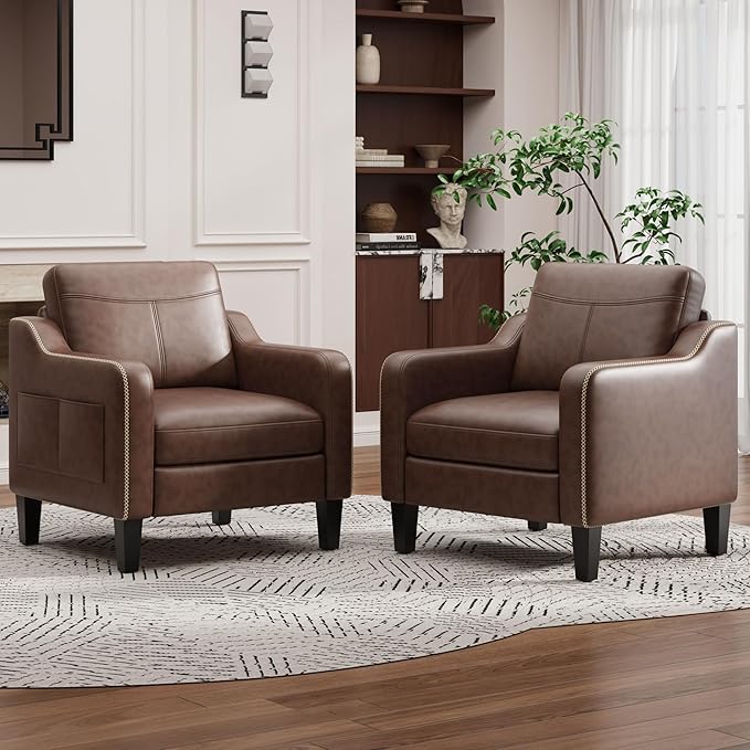MALOL Mid-Century PU Leather Accent Chairs, Set of 2 — Chocolate Brown