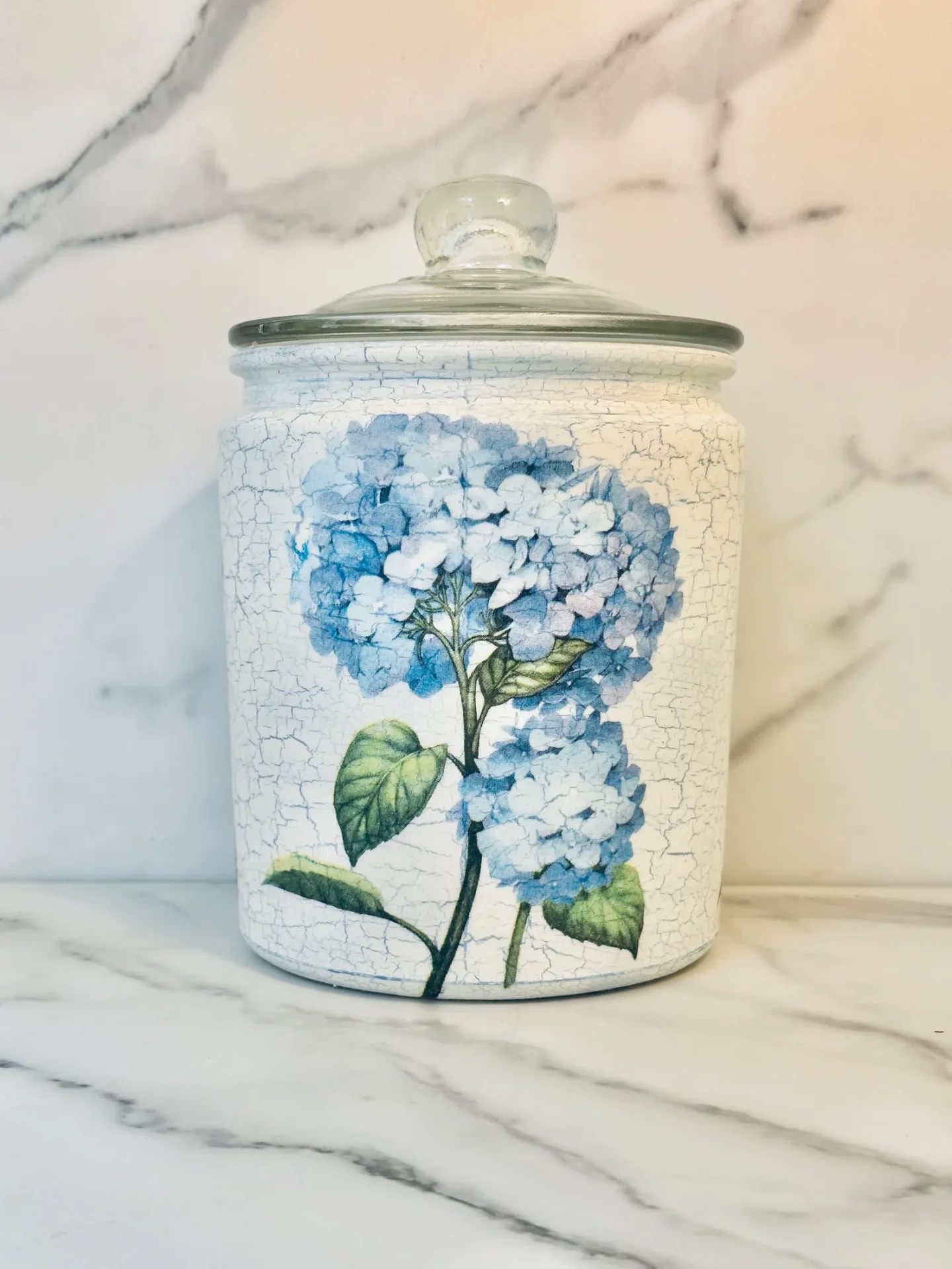 Hydrangea Floral Decoupage Glass Cookie Jar — Light Blue (64 oz, Airtight)