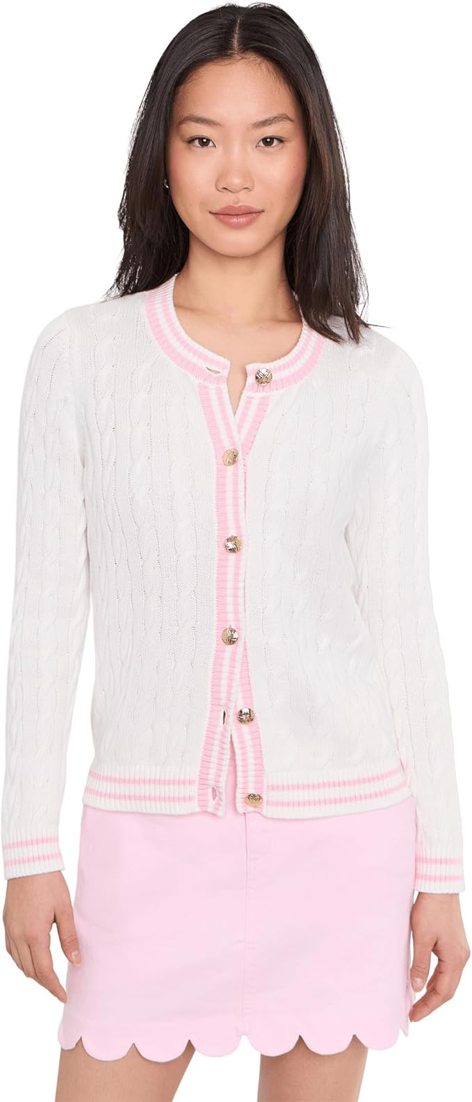 Lilly Pulitzer Brockton Cable-Knit Cardigan with Pink Tipping