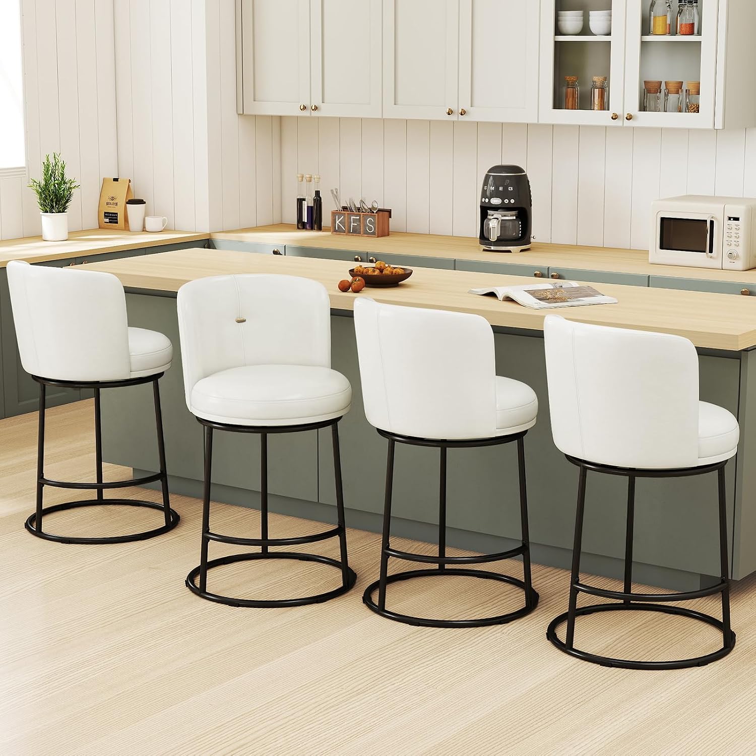 SAECKBERG White Upholstered Swivel Counter Stools (Set of 4)