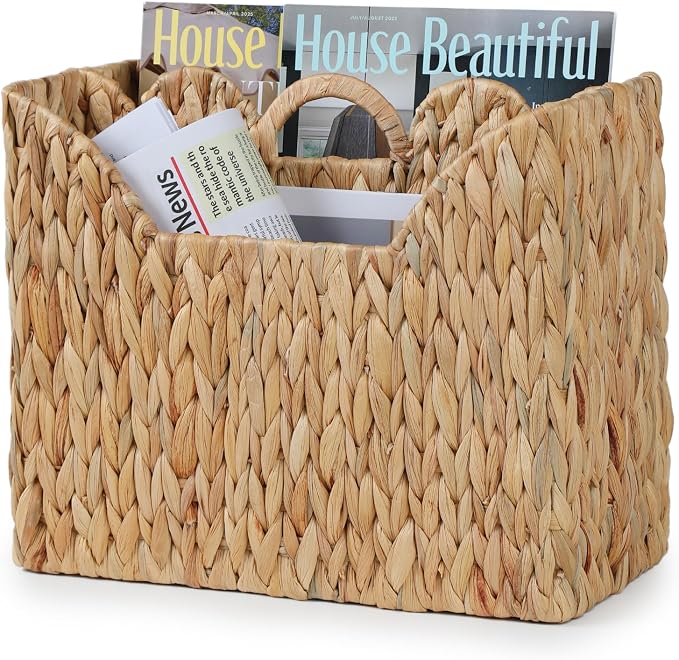 YANGQIHOME Scalloped Water Hyacinth Magazine Basket with Handle