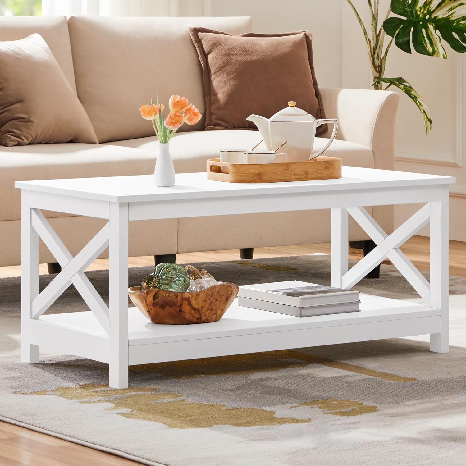 Yaheetech White X-Design 2-Tier Coffee Table (39.5")