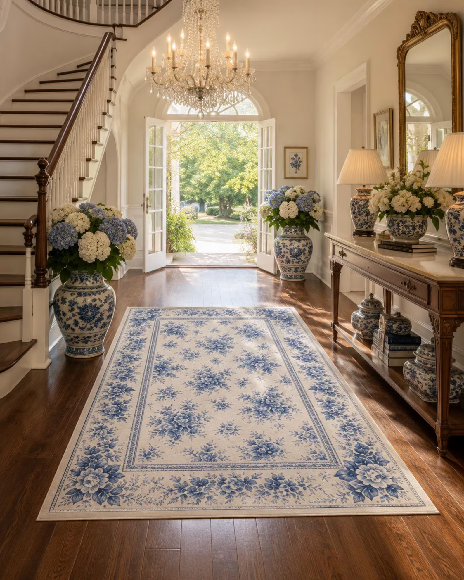 Blue & White Porcelain Garden Area Rug — Chinoiserie Floral