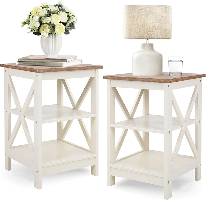 PHI VILLA Ivory White Farmhouse X-Side End Tables (Set of 2)