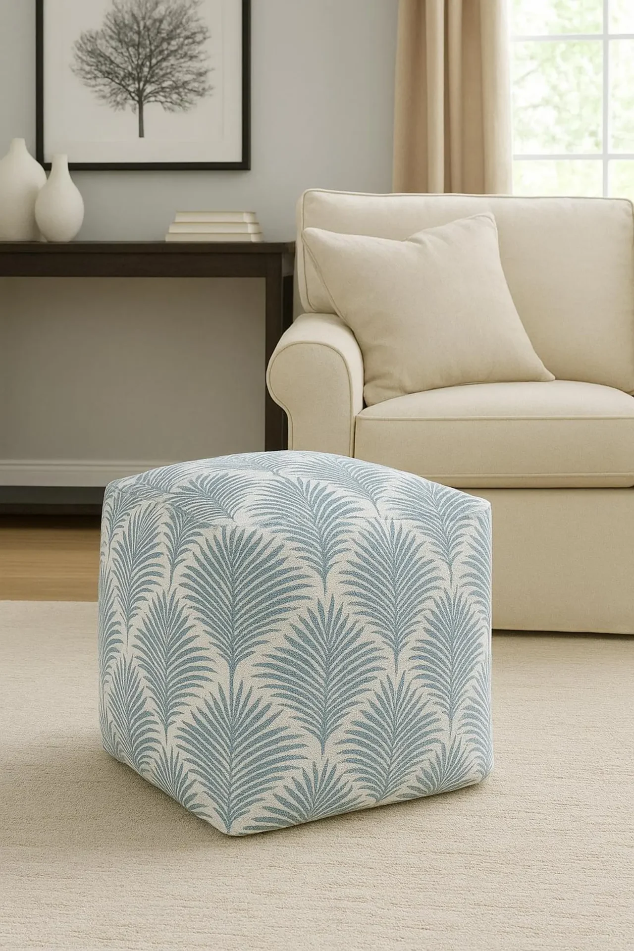Blue Striped Palm Pouf Ottoman — Coastal Beach