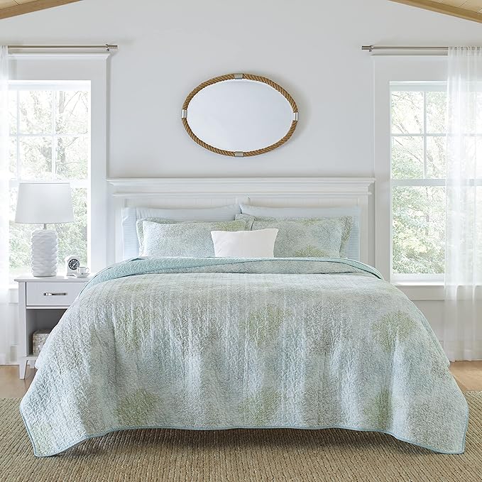 Laura Ashley Saltwater Blue Reversible Pre-Washed Queen Quilt Set