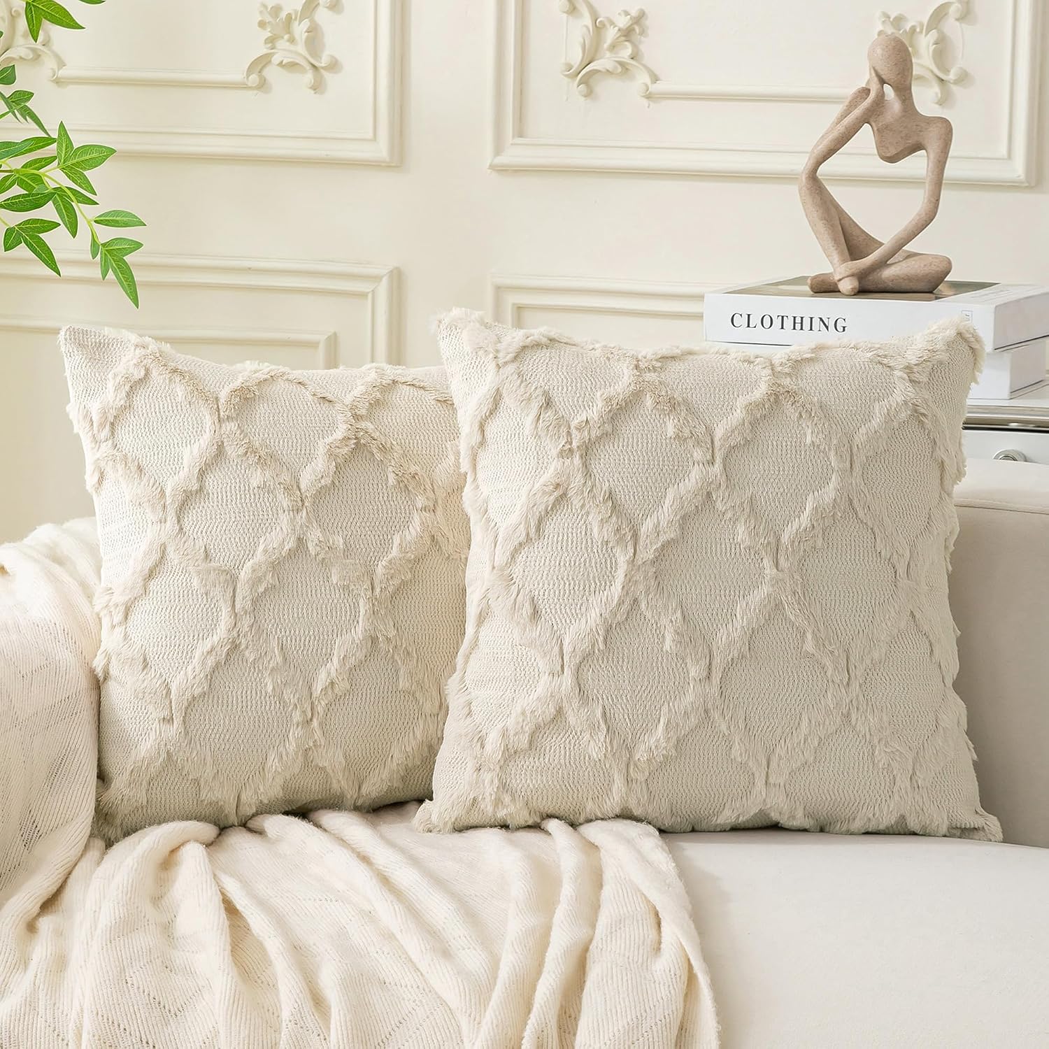 Cozoomy Moroccan Tufted Plush Throw Pillow Covers, 18"x18" Beige (Set of 2)