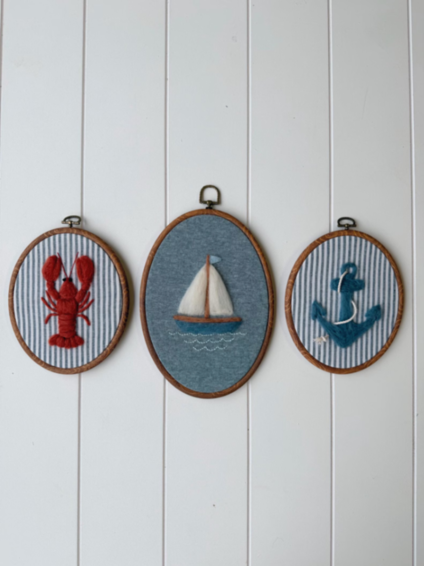 Coastal Needle Felt Wall Art Set — Lobster, Sailboat & Anchor Hoops (Set of 3)