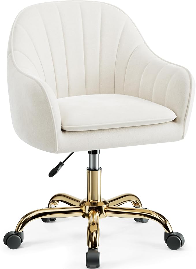 Cream Velvet Channel-Tufted Swivel Vanity Chair with Gold Base