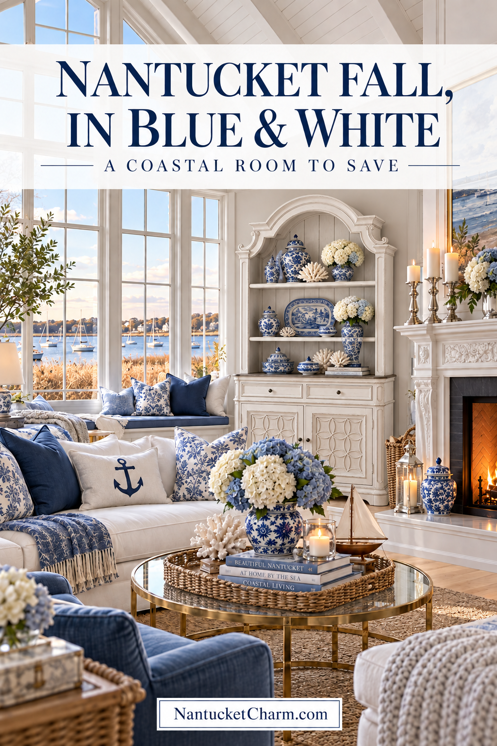 Blue and white Nantucket fall living room with harbor windows, ivory sectional with anchor and chinoiserie pillows, brass and glass round coffee table with rattan tray, hydrangeas in a blue and white jar, white hutch of ginger jars, fireplace with silver candlesticks and navy armchair.