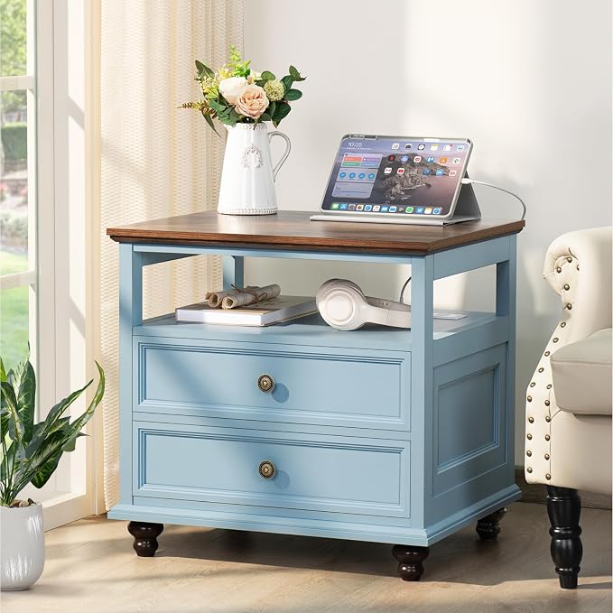 Blue Farmhouse Nightstand with Charging Station — 2-Drawer with Open Shelf